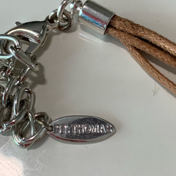St. Thomas choker style necklace. Silver tone. Silvertone medallions brown chord - Picture 4 of 6